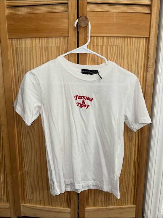 PrettyLittleThing Tops - Pretty Little Thing 'Tanned & Tipsy' Graphic Tee - White with Red Print